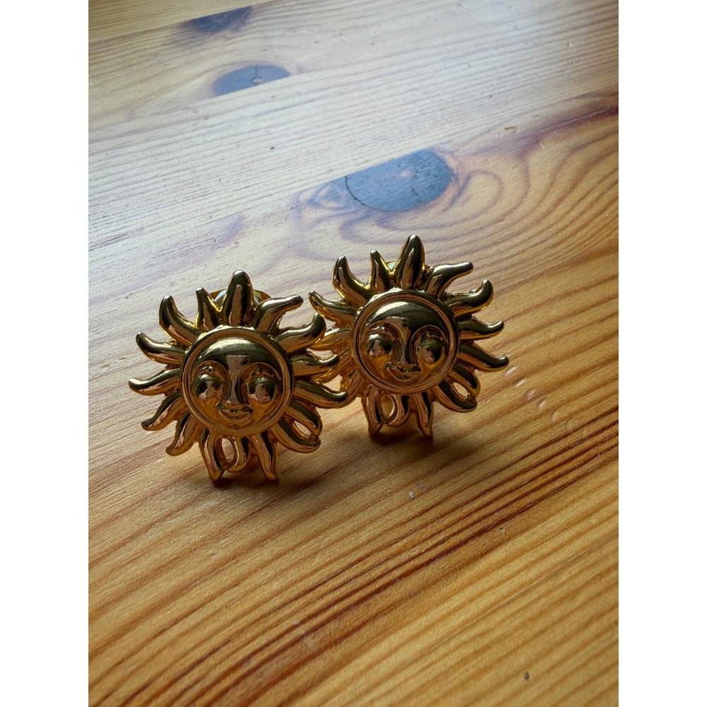 Vintage Versace Profumi Gold Sun Face Clip On Earrings Celestial Statement 90s